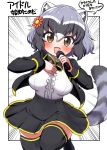  1girl alternate_costume animal_ears black_jacket black_legwear black_neckwear black_skirt blue_hair blush bow bowtie brown_eyes center_frills commentary_request common_raccoon_(kemono_friends) cowboy_shot eyebrows_visible_through_hair fang flower grey_hair hair_between_eyes hair_flower hair_ornament hand_on_own_chest highres idol jacket kemono_friends long_sleeves microphone multicolored_hair ngetyan open_mouth pleated_skirt raccoon_ears raccoon_girl raccoon_tail shirt short_hair skirt solo tail thigh-highs white_hair white_shirt zettai_ryouiki 