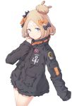  1girl abigail_williams_(fate/grand_order) alternate_hairstyle bandaid_on_forehead bangs belt black_bow black_jacket blonde_hair blue_eyes blush bow crossed_bandaids fate/grand_order fate_(series) forehead hair_bow hair_bun heroic_spirit_traveling_outfit high_collar jacket long_hair long_sleeves looking_at_viewer open_mouth orange_bow parted_bangs polka_dot polka_dot_bow simple_background sleeves_past_wrists solo thighs toki_(yoyobozi) white_background 