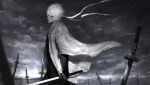  1boy clouds cloudy_sky diaodiao gintama headband highres holding holding_sword holding_weapon katana sakata_gintoki short_hair sky solo sunrise sword vambraces walking weapon white_hair white_headband 