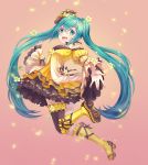  1girl :d absurdres asymmetrical_legwear black_legwear blue_eyes blue_hair dress eyebrows_visible_through_hair floating_hair hair_between_eyes hatsune_miku hatsune_speed:_hatsune_miku_roller_skating_music highres hiroshi_taeru_qwq layered_dress long_hair long_sleeves looking_at_viewer open_mouth outstretched_arm roller_skates shiny shiny_hair short_dress single_thighhigh skates smile solo thigh-highs twintails very_long_hair vocaloid wide_sleeves yellow_dress yellow_footwear 