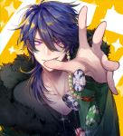  1boy absurdres arisugawa_dice black_shirt blue_hair collarbone commentary_request dice dice_hair_ornament eyebrows_visible_through_hair fur-trimmed_jacket fur_trim green_jacket grin hair_between_eyes hair_ornament hair_over_shoulder hands highres hypnosis_mic jacket long_sleeves looking_at_viewer male_focus medium_hair nanin pink_eyes poker_chip shirt smile solo upper_body v-shaped_eyebrows 