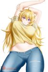  1girl ahoge alfred_cullado blonde_hair blush breasts denim gluteal_fold hair_between_eyes highres jeans large_breasts long_hair looking_at_viewer midriff pants patreon_logo rwby shirt solo stretch violet_eyes watermark web_address white_background yang_xiao_long yellow_shirt 