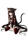  1girl animal_ears bangs black_hair black_sailor_collar black_skirt blush cat_ears cat_tail criis-chan dangan_ronpa full_body harukawa_maki long_hair looking_at_viewer miniskirt new_dangan_ronpa_v3 pleated_skirt red_legwear red_shirt sailor_collar school_uniform serafuku shiny shiny_hair shirt simple_background sitting skirt solo tail thigh-highs very_long_hair wariza watermark web_address white_background white_neckwear zettai_ryouiki 