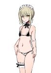  1girl absurdres artoria_pendragon_(all) artoria_pendragon_(swimsuit_rider_alter) bangs bare_arms bare_shoulders black_bow black_bra bow bow_panties bra closed_mouth eyebrows_visible_through_hair fate/grand_order fate_(series) hair_between_eyes highres leg_garter light_brown_hair looking_at_viewer maid_headdress nakatokung navel panties sidelocks simple_background solo standing underwear white_background white_panties yellow_eyes 