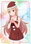  1girl blonde_hair collarbone cowboy_shot dress eyebrows_visible_through_hair floating_hair fur-trimmed_dress fur-trimmed_hat hair_ornament hairclip hat highres kantai_collection long_hair looking_at_viewer red_dress red_eyes red_hat santa_costume santa_hat short_dress sleeveless sleeveless_dress solo standing taka-chan very_long_hair yuudachi_(kantai_collection) 