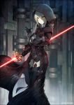  1girl arm_guards artoria_pendragon_(all) blonde_hair bodysuit collar commentary_request energy_sword excalibur fate/grand_order fate_(series) garter_straps gloves hair_between_eyes hand_up holding holding_weapon hood hood_up hooded_coat kei-suwabe lightsaber long_coat looking_at_viewer mysterious_heroine_x_(alter) pale_skin short_hair solo standing sword thigh-highs twitter_username weapon yellow_eyes 