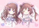  2girls :o ;d apron bangs blush brown_hair cake cake_slice chibi commentary_request double_bun eyebrows_visible_through_hair food frilled_apron frills fruit grey_skirt hair_between_eyes hair_ornament hairclip heart holding holding_tray long_hair looking_at_viewer maid maid_headdress multiple_girls one_eye_closed original outstretched_arm parted_lips pink_apron pink_background plate pleated_skirt puffy_short_sleeves puffy_sleeves purple_apron red_eyes shiratama_(shiratamaco) shirt short_sleeves skirt smile strawberry thigh-highs tray twintails very_long_hair violet_eyes waist_apron white_legwear white_shirt wrist_cuffs x_hair_ornament 