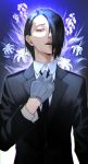  1boy 55level black_hair black_jacket black_neckwear blue_gloves commentary_request flower formal furuta_nimura gloves hair_over_one_eye half-closed_eye highres jacket looking_down male_focus mole mole_under_eye necktie one_eye_covered open_mouth red_eyes shirt short_hair solo tokyo_ghoul tokyo_ghoul:re upper_body white_shirt 
