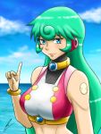  1girl android aqua_hair bangs blue_eyes blue_sky blush borockman85 breasts clouds eyebrows_visible_through_hair green_hair highres index_finger_raised lips long_hair marino ocean robot_ears robot_joints rockman rockman_x rockman_x_command_mission signature sky smile solo swimsuit 