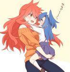  2girls alternate_costume amou_kanade bare_shoulders belt blue_hair blush denim eyebrows_visible_through_hair hair_between_eyes jeans kazanari_tsubasa lanlanlap long_hair long_sleeves multiple_girls one_side_up open_mouth orange_eyes orange_sweater pants redhead senki_zesshou_symphogear sweater tearing_up translation_request younger 