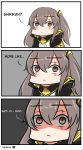 1girl 3koma abineko angry brown_eyes chibi comic commentary english_commentary english_text eyebrows_visible_through_hair girls_frontline glaring grey_hair highres looking_at_viewer profanity scar scar_across_eye solo ump45_(girls_frontline)