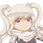  1girl angry bunny_hair_ornament closed_mouth eyebrows_visible_through_hair hair_ornament looking_at_viewer maplestory mole mole_under_eye orca_(inazuma_eleven) scarf silver_hair simple_background solo twintails user_agcy7775 violet_eyes white_background 