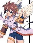  1boy blue_eyes bodysuit bracer brown_hair character_name contrapposto cowboy_shot enotou_(enotou_moi) gem kid_icarus kid_icarus_uprising laurel_crown looking_at_viewer male_focus nintendo open_mouth pit_(kid_icarus) smile solo thigh_strap tunic waving wings 
