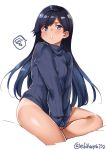  1girl alternate_costume black_hair blue_eyes blue_sweater blush breasts ebifurya eyebrows_visible_through_hair highres i-400_(kantai_collection) kantai_collection long_hair looking_at_viewer no_panties open_mouth simple_background small_breasts solo sweater tan tanline white_background 