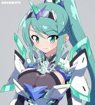  1girl aqua_eyes aqua_hair bodysuit breasts cleavage closed_mouth dated earrings enotou_(enotou_moi) eyebrows_visible_through_hair grey_background hairband impossible_clothes jewelry large_breasts looking_at_viewer nintendo pneuma_(xenoblade) ponytail sidelocks simple_background smile solo upper_body xenoblade_(series) xenoblade_2 