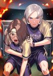  2boys brown_eyes brown_hair dolustoy glasses goal hair_over_one_eye headband highres inazuma_eleven_(series) inazuma_eleven_ares_no_tenbin looking_at_viewer multiple_boys open_mouth shiratori_tsumuki silver_hair soccer_uniform socks sportswear sweat violet_eyes white-framed_eyewear yagihara_katsumi 