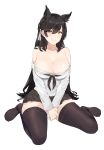  1girl animal_ears atago_(azur_lane) azur_lane bangs bare_shoulders black_hair black_legwear black_neckwear black_skirt breasts cleavage collarbone eyebrows_visible_through_hair full_body hair_between_eyes hair_ribbon highres j@ck large_breasts long_hair long_sleeves looking_at_viewer miniskirt mole mole_under_eye neckerchief off_shoulder panties pleated_skirt ribbon sailor_collar school_uniform serafuku shirt shirt_pull simple_background sitting skirt smile solo thigh-highs underwear v_arms very_long_hair wariza white_background white_panties white_ribbon white_sailor_collar white_shirt yellow_eyes 