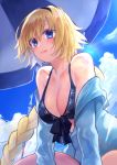  1girl bare_shoulders bikini_top black_bikini_top black_hairband blonde_hair blue_eyes blue_sky braid breasts cleavage clouds day eyebrows_visible_through_hair fate/grand_order fate_(series) flag hair_between_eyes hairband highres jeanne_d&#039;arc_(fate)_(all) jeanne_d&#039;arc_(swimsuit_archer) kuune_(muttey-myg) large_breasts long_hair long_sleeves looking_at_viewer open_mouth parasol single_braid sky smile solo umbrella 
