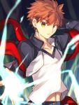  1boy brown_eyes brown_hair collarbone emiya_shirou eyebrows_visible_through_hair fate/stay_night fate_(series) hair_between_eyes jacket long_sleeves looking_at_viewer male_focus midriff nikame open_clothes open_jacket outstretched_arm parted_lips shirt solo spiky_hair stomach upper_body white_shirt 