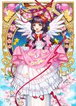  1girl :d angel_wings bangs bird black_hair blue_eyes blunt_bangs blush bow briska card_captor_sakura daidouji_tomoyo dress feathered_wings flower full_body hair_bow hair_ornament highres kero layered_dress long_dress long_hair looking_at_viewer open_mouth pink_dress red_bow red_footwear red_neckwear red_ribbon ribbon shiny shiny_hair sitting skirt_hold smile solo star star_hair_ornament white_flower white_legwear white_wings wings 