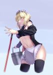  1girl 7aehyun absurdres apron artoria_pendragon_(all) artoria_pendragon_(swimsuit_rider_alter) bangs bikini_top black_bikini_top black_jacket black_legwear blonde_hair braided_bun bucket cowboy_shot fate_(series) from_below highres holding holding_bucket jacket leg_garter looking_at_viewer maid_headdress mop navel off_shoulder open_clothes open_jacket parted_lips short_hair simple_background solo standing swimsuit thigh-highs waist_apron yellow_eyes 