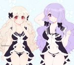  2girls arm_up black_bow blush bow breasts camilla_(fire_emblem_if) cleavage closed_mouth female_my_unit_(fire_emblem_if) fire_emblem fire_emblem_if hair_bow hair_over_one_eye hand_on_own_face large_breasts long_hair medium_breasts multiple_girls my_unit_(fire_emblem_if) navel nintendo panties plushcharm purple_hair red_eyes smile twitter_username underwear violet_eyes white_hair 