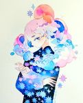  1girl clouds expressionless eyebrows_visible_through_hair gradient_hair long_sleeves looking_at_viewer maruti_bitamin multicolored_hair original pink_hair profile red_sun short_hair simple_background solo traditional_media upper_body watercolor_(medium) white_background 