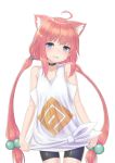  1girl ahoge animal_ears bike_shorts blue_eyes cat_ears choker grin hair_bobbles hair_ornament highres hinata_channel jd_(bibirijd) long_hair low_twintails nekomiya_hinata pink_hair shorts smile solo tank_top thigh_gap twintails upper_body white_tank_top 