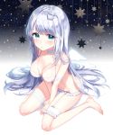  1girl :o absurdres bangs bare_shoulders barefoot between_legs blue_eyes blush bow bow_bra bra breasts choker cleavage cola commentary_request crown eyebrows_visible_through_hair frilled_panties frills full_body garter_straps glowing glowing_wings green_eyes hand_between_legs highres large_breasts long_hair looking_at_viewer masuishi_kinoto medium_breasts mini_crown mini_wings original panties parted_lips silver_hair sitting solo star thigh_strap tilted_headwear toenails underwear underwear_only very_long_hair wariza white_bra white_choker white_panties white_wings wings 