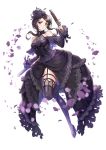  1girl amethyst_(gemstone) bangs bare_shoulders black_tea_(food_fantasy) blush box_(hotpppink) breasts brown_hair choker dress dual_wielding eyebrows_visible_through_hair floating_hair flower food_fantasy frilled_dress frills full_body gloves gun hair_flower hair_ornament hat high_heels highres holding holding_gun holding_weapon layered_dress leg_up long_hair long_sleeves looking_at_viewer petals purple_flower purple_ribbon purple_rose ribbon rose skindentation smile thigh-highs thigh_strap weapon wrist_ribbon 