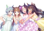  4girls animal_ears blue_eyes bow brown_hair chin_stroking dress el_condor_pasa gloves grass_wonder grey_hair hair_bow hand_on_another&#039;s_shoulder horse_ears horse_tail imminent_hug jewelry long_hair mask multicolored_hair multiple_girls necklace okada_manabi one_eye_closed seiun_sky short_hair special_week streaked_hair tail umamusume violet_eyes white_background white_gloves 