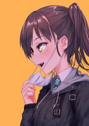  1girl :o bangs black_jacket blush brown_hair collared_shirt drawstring hair_between_eyes hand_up hood hood_down hooded_jacket idolmaster idolmaster_cinderella_girls jacket long_hair long_sleeves looking_away mask_pull mole mole_under_eye necktie open_mouth profile roke_(taikodon) sharp_teeth shirt sidelocks simple_background sleeves_past_wrists solo striped striped_neckwear sunazuka_akira surgical_mask teeth twintails upper_body white_shirt yellow_background yellow_eyes 