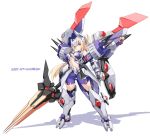  1girl bangs blonde_hair bodysuit breasts brown_eyes center_opening character_request commentary_request danball_senki full_body hair_between_eyes headgear high_ponytail highres holding holding_sword holding_weapon huge_weapon karukan_(monjya) long_hair looking_at_viewer mecha_musume medium_breasts navel ponytail purple_bodysuit shadow solo standing sword translated very_long_hair weapon white_background 