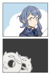  1girl 2koma black_neckwear blue_eyes blue_hair blue_shirt blush collared_shirt comic commentary enemy_lifebuoy_(kantai_collection) eyebrows_visible_through_hair fujinoki_(horonabe-ken) gotland_(kantai_collection) grey_eyes hair_bun hair_over_shoulder kantai_collection long_hair military military_jacket military_uniform necktie parted_lips shirt sidelocks signature sweat teeth trembling uniform 