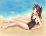  1girl absurdres barefoot beach black_bow black_swimsuit blue_eyes bow breasts brown_hair casual_one-piece_swimsuit cleavage collarbone covered_navel fate/stay_night fate_(series) full_body hair_bow highres long_hair medium_breasts one-piece_swimsuit shiny shiny_clothes shiny_hair shiny_skin sideboob sitting solo swimsuit tohsaka_rin twintails yuyuyu_(pixiv19949705) 