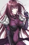  arm_up bodysuit breasts covered_navel eyebrows_visible_through_hair fate/grand_order fate_(series) hair_intakes highres impossible_bodysuit impossible_clothes kazakami_73 large_breasts leotard long_hair looking_at_viewer parted_lips pauldrons purple_bodysuit purple_hair purple_leotard red_eyes scathach_(fate)_(all) scathach_(fate/grand_order) see-through shoulder_armor white_background 