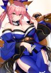  1girl animal_ear_fluff animal_ears bare_shoulders blue_kimono blue_legwear blue_ribbon breasts cleavage detached_sleeves eyebrows_visible_through_hair fate/extra fate_(series) fox_ears fox_girl fox_tail hair_ribbon highres japanese_clothes kimono large_breasts ninoude_(ninoude44) obi pelvic_curtain pink_hair ribbon sash short_kimono smile solo tail tamamo_(fate)_(all) tamamo_no_mae_(fate) thigh-highs twintails wide_sleeves yellow_eyes 