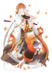  1girl absurdly_long_hair absurdres autumn_leaves barefoot braid branch brown_neckwear food_fantasy fugo_no_shako_(food_fantasy) full_body fur_trim furisode highres holding_stick horns japanese_clothes kimono leaf_print long_hair looking_at_viewer pale_skin pom_pom_(clothes) puffer_fish red_eyes seigaiha solo tamagono_389 twintails very_long_hair white_background white_hair white_kimono 