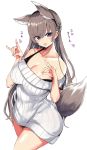  1girl :d \m/ animal_ears bare_shoulders blush breasts brown_hair cleavage dress eyebrows_visible_through_hair fafas68 fox_ears fox_tail hair_between_eyes highres long_hair looking_at_viewer open_mouth original simple_background smile sweater sweater_dress tail violet_eyes white_background 