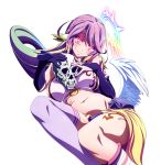  1girl absurdres angel_wings animal_ears breasts breasts_apart crop_top cross dutch_angle elbow_gloves feathered_wings gloves gradient_hair halo hanzawa_jun head_tilt highres jibril_(no_game_no_life) large_breasts long_hair looking_at_viewer low_wings lying magic_circle midriff multicolored multicolored_eyes multicolored_hair navel no_game_no_life official_art on_side pink_eyes pink_hair purple_legwear single_thighhigh skull smile smirk solo symbol-shaped_pupils tattoo thigh-highs third-party_edit transparent_background white_wings wing_ears wings yellow_eyes 