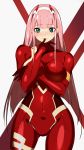  1girl :p absurdres bangs blunt_bangs blush bodysuit breasts commentary_request covered_navel darling_in_the_franxx eyebrows_visible_through_hair finger_to_mouth green_eyes grey_background hairband highres horns large_breasts long_hair looking_at_viewer pilot_suit pink_hair red_bodysuit red_horns sia_namsbinpeni solo standing tongue tongue_out white_hairband zero_two_(darling_in_the_franxx) 