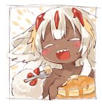  1girl blush closed_eyes commentary commentary_request dark-skinned_female dark_skin fangs faputa food fork happy highres holding holding_fork made_in_abyss monster_girl mumu_yu_mu open_mouth pancake pancake_stack plate short_hair simple_background sketch smile solo teeth very_dark_skin white_background white_fur white_hair 