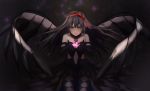  1girl 7aehyun akemi_homura akuma_homura argyle argyle_legwear bare_shoulders black_dress black_feathers black_gloves black_hair bow bug butterfly choker dress elbow_gloves feathered_wings floating_hair gloves hair_bow highres insect long_hair mahou_shoujo_madoka_magica navel_cutout pink_eyes red_bow solo wings 