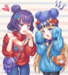  2girls abigail_williams_(fate/grand_order) animal_bag animal_ears animal_hat bad_anatomy bag bangle bangs bare_shoulders bear_ears bear_hat black_legwear blonde_hair blue_eyes blue_hat blue_pants blue_sweater blush bow bracelet breasts casual cleavage collar commentary_request cowboy_shot denim detached_collar eyebrows_visible_through_hair fang fate/grand_order fate_(series) hands_up hat hat_bow head_tilt heart highres jeans jewelry jiang_shennong katsushika_hokusai_(fate/grand_order) long_hair long_sleeves medium_breasts multiple_girls off-shoulder_sweater open_mouth orange_bow pants pantyhose parted_bangs puffy_long_sleeves puffy_sleeves purple_hair red_bow red_collar red_sweater shoulder_bag sleeves_past_fingers sleeves_past_wrists striped striped_background sweater tentacle tokitarou_(fate/grand_order) turtleneck very_long_hair violet_eyes 