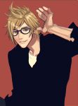  1boy bespectacled black_clothes blonde_hair final_fantasy final_fantasy_xv glasses looking_at_viewer mad369 male_focus prompto_argentum simple_background smile spiky_hair waving 