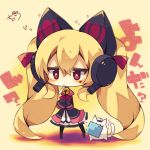  &gt;_&lt; 1girl absurdly_long_hair animal animal_ears azur_lane bangs beige_background bell black_jacket blonde_hair blush cat cat_ear_headphones cat_ears chibi closed_eyes concord_(azur_lane) eyebrows_visible_through_hair full_body hair_between_eyes headphones highres jacket jingle_bell long_hair long_sleeves looking_at_viewer mole mole_under_eye mouth_hold muuran open_clothes open_jacket pleated_skirt red_eyes shirt signature skirt sleeves_past_fingers sleeves_past_wrists solo standing star star-shaped_pupils symbol-shaped_pupils translation_request twintails very_long_hair white_shirt white_skirt 