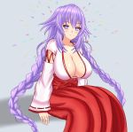  1girl blue_eyes blush braid breasts cleavage expirednepbull hair_ornament hair_tubes hakama highres japanese_clothes large_breasts long_hair looking_at_viewer miko neptune_(series) power_symbol purple_hair purple_heart red_hakama ribbon-trimmed_sleeves ribbon_trim solo symbol-shaped_pupils twin_braids very_long_hair wide_sleeves 