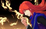  1boy bracelet cape fire honma0220 jewelry long_hair male_focus necklace redhead rishel solo tear_ring_saga teeth yellow_eyes 