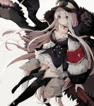  1girl aiguillette bangs belt black_choker black_coat black_dress black_footwear black_hat blurry blush bolt_action boots breasts buttons choker cleavage closed_mouth coat collarbone depth_of_field dress eyebrows_visible_through_hair floating_hair fur-trimmed_coat fur_trim girls_frontline glint gun hair_between_eyes hat highres holding holding_gun holding_weapon jacket_on_shoulders kar98k_(girls_frontline) long_hair long_sleeves looking_at_viewer mauser_98 medium_breasts military military_uniform naruwe peaked_cap puffy_sleeves red_eyes silver_hair simple_background solo thigh-highs thigh_boots uniform very_long_hair weapon white_background 