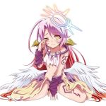  1girl angel_wings artist_request blush closed_mouth crop_top feathered_wings gradient_hair halo jibril_(no_game_no_life) long_hair low_wings magic_circle midriff multicolored multicolored_eyes multicolored_hair navel no_game_no_life one_eye_closed pink_hair red_eyes solo source_request symbol-shaped_pupils tattoo torn_clothes very_long_hair white_wings wing_ears wings yellow_eyes younger 